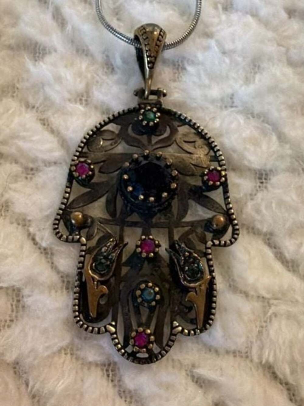 Vintage Filigree Hamsa Pendant Necklace in 925 Sterling Silver Multi-Gems